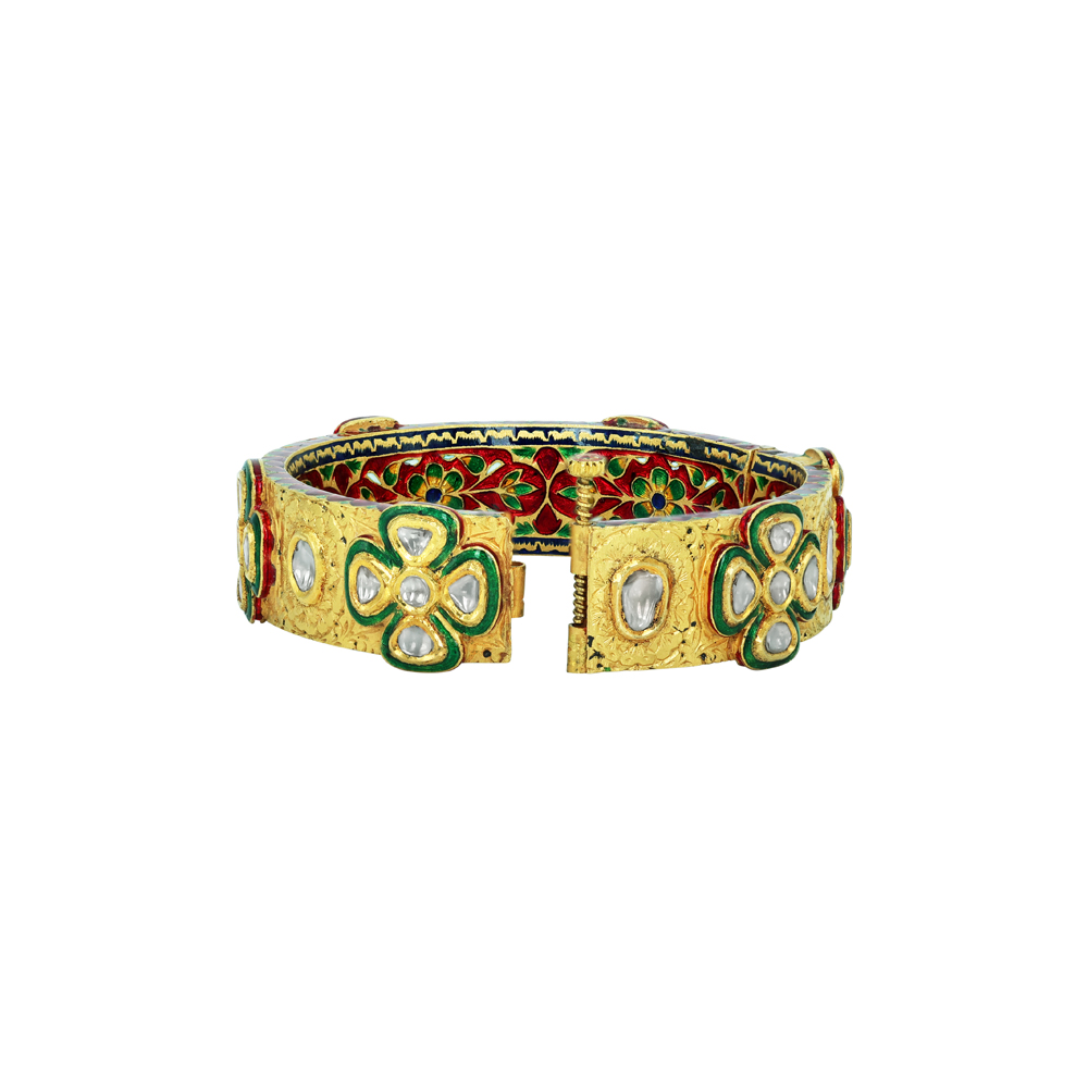 Polki Diamond Bangle with Floral Motifs and Meenakari Enamel